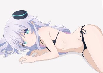 1girl alma-chan_wa_kazoku_ni_naritai alma_(alma-chan_wa_kazoku_ni_naritai) bare_shoulders bikini black_bikini blue_eyes breasts closed_mouth grey_background grey_hair groin hair_between_eyes hair_ornament headgear loli long_hair looking_at_viewer lying moke_(moke_dayo) navel on_side ribs side-tie_bikini_bottom simple_background small_breasts solo swimsuit white_background