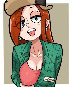 1girl absurdres black_eyes border breasts brown_background brown_hair brown_hat cleavage collarbone commentary_request covered_erect_nipples earrings freckles fur_hat gravity_falls green_jacket hat highres jacket jewelry large_breasts long_hair looking_at_viewer n_k_m name_tag outside_border pink_shirt plaid_clothes plaid_jacket pulling_own_clothes shirt solo teeth tongue tongue_out upper_body upper_teeth_only ushanka wendy_corduroy white_border