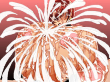 1girl between_breasts breasts breasts_out clothed_female_nude_male cum cum_on_body cum_on_breasts cum_on_upper_body female_focus grabbing_own_breast heart huge_breasts jacket jiggle kaiman82 kaimanwanio large_breasts long_hair long_sleeves nude paizuri pov red_hair shermie_(kof) the_king_of_fighters