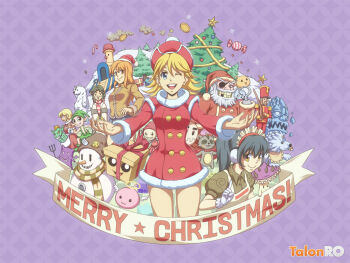 3boys 4girls :3 angeling antonio_(ragnarok_online) bear beard blonde_hair blossom_(ragnarok_online) breasts brown_eyes brown_hair brown_shirt buttons character_request chepet christmas christmas_tree closed_mouth coin cokeboy commentary cookie_(ragnarok_online) cowboy_shot creature cruiser_(ragnarok_online) deviruchi drops_(ragnarok_online) eggyra english_commentary eyepatch facial_hair gazeti goblin_(ragnarok_online) green_hair grin halo hat hatii_(ragnarok_online) hook_hand long_hair long_sleeves looking_at_viewer louise_(ragnarok_online) medium_breasts multiple_boys multiple_girls nutcracker one_eye_closed open_mouth poison_spore purple_background raccoon ragnarok_online red_hat santa_costume santa_hat shirt short_hair siroma slime_(creature) smile smokie_(ragnarok_online) snowman snowysnow_(ragnarok_online) traditional_halo