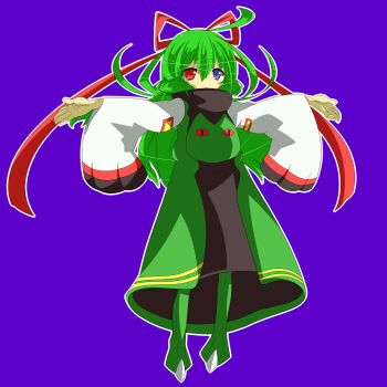 absurdres blue_eyes full_body gen_2_pokemon green_hair hair_ribbon heterochromia highres long_hair nintendo personification pokemon pokemon_(creature) purple_background red_eyes red_ribbon ribbon robe shimaumayamada simple_background solo standing wide_sleeves xatu