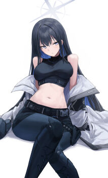 1girl absurdres belt black_belt black_gloves black_hair black_pants blue_archive blue_eyes blue_hair breasts closed_mouth colored_inner_hair commentary_request crop_top gabang gloves halo highres jacket large_breasts long_hair looking_at_viewer midriff multicolored_hair navel off_shoulder pants saori_(blue_archive) simple_background sitting solo stomach two-tone_hair very_long_hair white_background