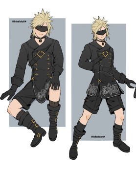 Rule 34 | 9s (nier:automata), 9s (nier:automata) (cosplay), black boots, black choker, black gloves, black jacket, black shorts, black socks, black visor, blindfold, blonde hair, boots, border, buttons, choker, closed mouth, cloud strife, cloud strife (scanner ensemble), commentary, cosplay, double-breasted, english commentary, final fantasy, final fantasy vii, final fantasy vii: ever crisis, gloves, gold buttons, grey background, highres, holding, holding sword, holding weapon, jacket, lida (lidalida04), multiple views, pendant choker, short hair, shorts, shoulder belt, socks, spiked hair, standing, sword, twitter username, weapon, white border
