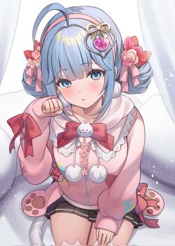 Rule 34 | 1girl, ahoge, black skirt, blue eyes, blue hair, bow, candy print, cat ornament, charlotte suzu, collarbone, commentary, double bun, earrings, english commentary, flower, food print, frilled sailor collar, frills, hair bow, hair bun, hair flower, hair ornament, hair ribbon, hairband, heart, heart hair ornament, highres, hood, hooded jacket, ichinose (sorario), jacket, jewelry, long sleeves, multiple hair bows, paw print, pink flower, pink hairband, pink jacket, pink ribbon, pink sailor collar, pleated skirt, pom pom (clothes), pom pom earrings, production kawaii, red bow, ribbon, sailor collar, second-party source, sidelocks, sitting, skirt, sleeves past wrists, solo, thighhighs, virtual youtuber, white thighhighs, zettai ryouiki