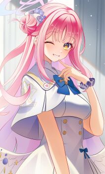 1girl absurdres angel_wings blue_archive blue_bow blush bow breasts buttons chijiandeyusang closed_mouth commentary_request dress feathered_wings flower hair_bun hair_flower hair_ornament halo high-waist_skirt highres long_hair looking_at_viewer low_wings medium_breasts mika_(blue_archive) one_eye_closed pink_hair pink_halo scrunchie single_hair_bun single_side_bun skirt smile solo upper_body very_long_hair white_dress white_wings wings wrist_scrunchie yellow_eyes