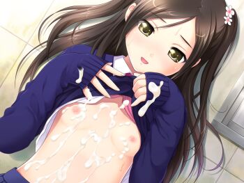 Rule 34 | 1girl, black hair, blush, bra, bra lift, breasts, brown eyes, brown hair, clothes lift, cum, cum on body, cum on breasts, cum on upper body, flower, game cg, hair flower, hair ornament, hazuki riko, highres, long hair, looking at viewer, lying, mebae (game), nipples, nonohara miki, on back, open mouth, pink bra, school uniform, shirt lift, sleeves past wrists, small breasts, smile, solo, sweater, sweater lift, two side up, underwear, yellow eyes