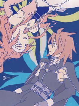 belt black_shirt blue_eyes cape chest_jewel collared_cape commentary_request detached_wings elbow_gloves fingerless_gloves floating gloves gold_trim hair_between_eyes headband highres kratos_aurion leggings looking_at_another medium_hair multiple_belts n12lill pants pink_gloves pink_vest purple_belt purple_cape purple_gloves purple_leggings purple_shirt purple_trim red_eyes red_hair shirt sleeveless sleeveless_shirt sweatdrop tales_of_(series) tales_of_symphonia twitter_username v-neck vest white_headband white_pants wings zelos_wilder