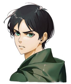 Rule 34 | 1boy, black hair, cloak, eren yeager, frown, furrowed brow, green cloak, green eyes, highres, hood, hood down, hooded cloak, looking at viewer, male focus, n (nauki 11), parted bangs, parted lips, portrait, shingeki no kyojin, short hair, solo, upper body, white background