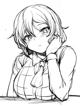 1girl ascot blush breasts closed_mouth collared_shirt commentary_request expressionless gingham_vest greyscale hand_on_own_cheek hand_on_own_face kazami_yuuka large_breasts long_sleeves looking_at_viewer monochrome sadahiro_(chicken_nugget_gyuuniku_aji) shirt short_hair simple_background sketch solo touhou upper_body vest