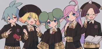 2boys 3girls :o ;d adjusting_eyewear amitie_(puyopuyo) animal_on_finger black_dress black_hat black_jacket black_pants blonde_hair blue_eyes blue_hair book brown_hair bug closed_mouth collared_shirt commentary double_bun dress eden_academy_school_uniform glasses gloves green_eyes grey_background hair_bun hair_ornament hand_on_eyewear hand_up hands_up hat head_tilt heterochromia highres holding holding_book horns insect jacket kaxxxxx_324 klug_(puyopuyo) ladybug lidelle_(puyopuyo) long_hair looking_at_animal looking_at_viewer multiple_boys multiple_girls official_alternate_costume one_eye_closed open_book open_mouth pants parted_lips pink_hair pointy_ears puyopuyo puyopuyo_quest raffina_(puyopuyo) red_eyes red_gloves round_eyewear school_uniform shirt short_hair sig_(puyopuyo) simple_background single_glove sleeves_past_fingers sleeves_past_wrists smile spy_x_family standing symbol-only_commentary tassel upper_body w white_shirt wing_hair_ornament