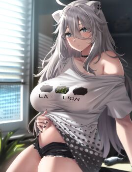 1girl ahoge animal_ears black_choker black_nails black_shorts blush breasts choker clothes_writing ear_piercing grey_eyes grey_hair gun hair_between_eyes higher_resolution_available highres hololive large_breasts lion_ears lion_girl long_hair looking_at_viewer moisture_(chichi) nail_polish navel open_fly oversized_clothes oversized_shirt panties piercing shirt shishiro_botan shishiro_botan_(midnight_convenience_store) short_shorts shorts solo ssrb_(shishiro_botan) sunlight thighs underwear virtual_youtuber weapon white_shirt