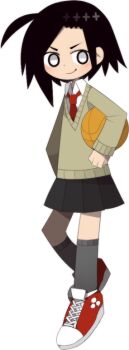 ahoge ball basketball_(object) black_hair black_skirt funamusea funamusea_(artist) grey_eyes grey_socks holding kneehighs long_sleeves looking_at_viewer necktie official_art red_necktie red_shoes shirt shoes short_hair skirt smile sneakers socks solo sweater_vest white_background white_shirt yahata_tomoe_(funamusea)