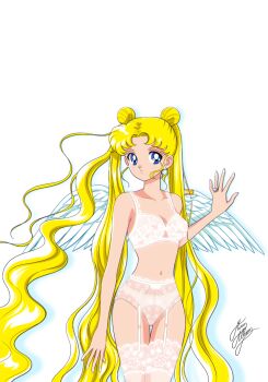 1girl bishoujo_senshi_sailor_moon blonde_hair blue_eyes bra garter_belt garter_straps jewelry lace lace-trimmed_legwear lace_bra lace_panties lace_trim lingerie long_hair marco_albiero navel panties ring see-through_clothes signature solo thighhighs tsukino_usagi underwear underwear_only very_long_hair white_bra white_panties wings