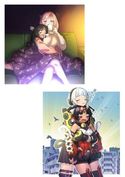 3girls anby_demara animal_ear_fluff animal_ears barcode barcode_tattoo bare_shoulders behind_another bell belt bird black_gloves black_hair black_shorts black_skirt black_thighhighs blush braid braided_sidelock building cat_ears cat_girl cat_tail closed_eyes closed_mouth clothing_cutout commentary corset couch crossed_legs cup drinking english_commentary facial_mark fang fingerless_gloves forehead_mark forehead_tattoo glove_cutout gloves green_eyes green_jacket green_sleeves grey_hair hairband half-closed_eyes headphones highres hug_from_side indoors jacket kamiyama_kenta long_hair multicolored_sleeves multiple_girls neck_bell nekomiya_mana nicole_demara nose_bubble on_couch open_mouth outdoors pink_hair red_corset red_eyes red_hairband red_sleeves short_hair shorts skirt sleeping tail tattoo thigh_belt thigh_strap thighhighs triangle triangle_facial_mark under_covers white_background zenless_zone_zero zzz