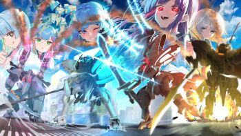 5girls @_@ battle black_eyes blue_eyes blue_hair braid closed_mouth crosswalk evi_leenhardt explosion glowing glowing_eyes green_eyes grey_hair hair_ornament harimayuslayer headset holding holding_polearm holding_shield holding_sword holding_weapon julia_barnes kira_kurara layla_jenkins long_hair low_twin_braids multicolored_hair multiple_girls muv-luv muv-luv_girls_garden one_eye_closed open_mouth orange_hair outdoors polearm purple_hair red_eyes robot shield shirt shiun_saya sparks sweatdrop sword teeth tongue tongue_out twin_braids weapon white_shirt yellow_eyes