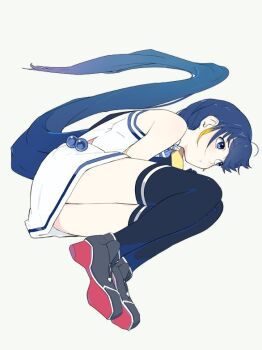 Rule 34 | 1girl, bad id, black gloves, black shoes, black thighhighs, blonde hair, blue eyes, blue hair, closed mouth, gloves, grey background, kantai collection, long hair, lying, multicolored hair, on side, pencil skirt, samidare (kancolle), shoes, simple background, skirt, sleeveless, sohin, solo, thighhighs, very long hair, white skirt