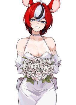 1girl :d absurdres alternate_costume alternate_hairstyle animal_ears back_bow black_hair blue_eyes bouquet bow breasts choker cleavage detached_sleeves double-parted_bangs dress flower grin hair_between_eyes hakos_baelz halter_dress halterneck highres holding holding_bouquet hololive hololive_english large_breasts looking_at_viewer mouse_ears mouse_girl multicolored_hair open_mouth red_hair rose see-through_cleavage see-through_clothes short_hair simple_background sleeveless sleeveless_dress smile solo streaked_hair ttsyrene virtual_youtuber wedding_dress white_background white_choker white_dress white_flower white_hair white_rose