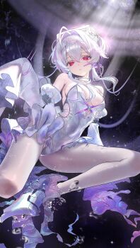 1girl absurdres ahoge air_bubble armored_boots boots bubble collar covered_navel detached_sleeves goddess_of_victory:_nikke hair_between_eyes hair_intakes hairband hand_up headgear highres knee_up leotard liberalio_(nikke) light_rays looking_at_viewer pantyhose purple_hair red_eyes short_hair_with_long_locks signature sleeves_past_fingers sleeves_past_wrists solo tei(_te_i_328) two_side_up underwater white_collar white_leotard white_pantyhose white_sleeves wire