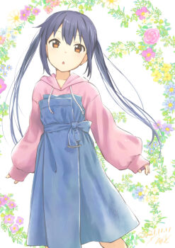 1girl aged_down black_hair brown_eyes cowboy_shot errant highres k-on! long_hair long_sleeves looking_at_viewer nakano_azusa sleeves_past_wrists solo tagme twintails very_long_hair