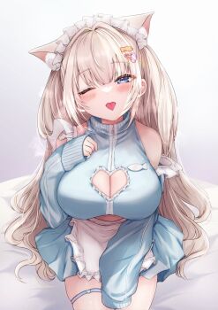 1girl animal_ear_fluff animal_ears apron blonde_hair blue_eyes blue_sweater blush breasts cat_ears clothing_cutout fish_ornament highres large_breasts long_hair looking_at_viewer maid_apron maid_headdress midriff one_eye_closed original shoulder_cutout simple_background sitting steam sweat sweater swept_bangs thighs tongue tongue_out wavy_hair yu_lei