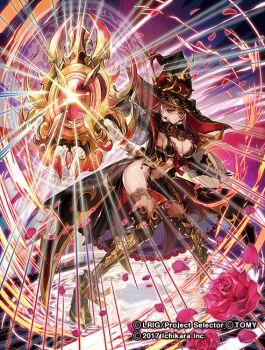 1girl black_dress black_hat black_shoes black_thighhighs blonde_hair breasts cleavage closed_mouth clothing_cutout copyright_notice dress flower hat large_breasts long_hair looking_at_viewer moreshan nui_sociere nui_sociere_(1st_costume) official_art red_eyes rose shoes solo stomach_cutout thighhighs virtual_youtuber witch_hat wixoss