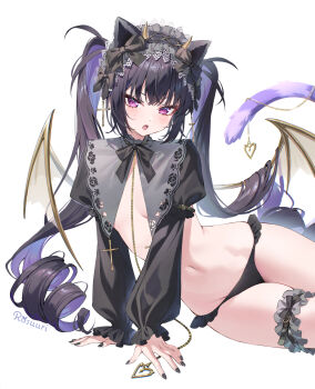 1girl arm_support bat_wings black_panties cat_tail hairband long_sleeves navel no_pants original panties purple_eyes rosuuri solo stomach tail thigh_strap underwear white_background wings