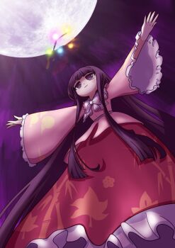1girl ay606078 bamboo_print bow bowtie branch brown_eyes brown_hair closed_mouth commentary english_commentary frilled_skirt frills from_below full_moon highres houraisan_kaguya jeweled_branch_of_hourai long_hair long_skirt mixed-language_commentary moon night outstretched_arms pink_shirt print_skirt purple_sky red_skirt shirt skirt sky smile solo spread_arms touhou very_long_hair white_bow white_bowtie wide_sleeves