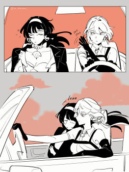 2girls astra_yao atram car cloud collared_shirt commentary dress driving elbow_gloves english_commentary evelyn_chevalier gloves hairband head_on_another&#039;s_shoulder highres jacket long_hair motor_vehicle multiple_girls parted_lips partially_colored purple_eyes shirt sleepy smile steering_wheel yuri zenless_zone_zero