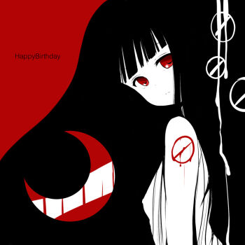 birthday black_hair blood blood_drip crescent_moon dark dripping long_hair looking_at_viewer matsumoto_rise moon nipples pale_skin red_background red_eyes road_sign roua_no_sora sign stop_sign very_long_hair
