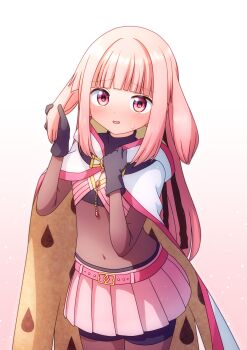 1girl absurdres animal_ears belt black_gloves blunt_bangs blush bodystocking cloak commentary_request giovanna_(madoka_magica) gloves hair_ears highres hood hood_down hooded_cloak katsuonoeboebo long_hair magia_record:_mahou_shoujo_madoka_magica_gaiden magical_girl mahou_shoujo_madoka_magica mahou_shoujo_madoka_magica_(anime) mahou_shoujo_madoka_magica_magia_exedra navel open_mouth pink_belt pink_eyes pink_hair pink_skirt rabbit_ears shirt sidelocks simple_background skirt tamaki_iroha white_background white_cloak white_hood