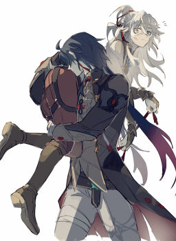 2boys bandages blade_(honkai:_star_rail) blue_hair boots carrying carrying_person chinese_clothes earrings gloves hair_between_eyes hair_ribbon highres honkai:_star_rail honkai_(series) jewelry jing_yuan long_hair long_sleeves looking_back male_focus mississipping multiple_boys pants ponytail red_ribbon ribbon simple_background tassel tassel_earrings white_background white_hair yellow_eyes