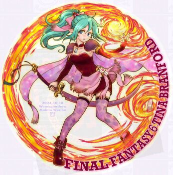 adapted_costume aqua_hair armor artist_name blue_eyes boots breasts bridal_gauntlets cape character_name cleavage copyright_name dated dress elbow_gloves final_fantasy final_fantasy_vi fire full_body gloves hair_between_eyes hair_bobbles hair_ornament hair_ribbon highres holding holding_sword holding_weapon long_hair looking_at_viewer magicfighters medium_breasts moogle pauldrons pendant_choker pink_cape pink_ribbon pink_thighhighs pointy_ears ponytail red_boots red_dress red_gloves ribbon sash short_dress shoulder_armor strapless strapless_dress sword thighhighs tina_branford tube_dress waist_sash weapon zettai_ryouiki