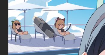 Rule 34 | 3girls, animal ears, aris (blue archive), blonde hair, blue archive, cat ears, cat tail, chibi, halo, holypotato0, locker, midori (blue archive), momoi (blue archive), multiple girls, pawpads, pink eyes, pool, sunglasses, swimsuit, tail, yuzu (blue archive)
