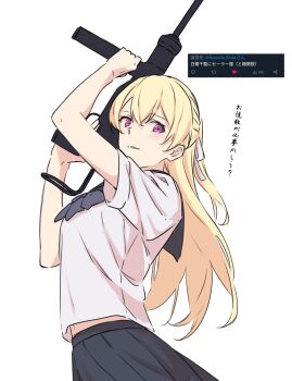 1girl absurdres bang_dream! black_sailor_collar black_skirt blonde_hair blue_bow blue_bowtie blush bow bowtie commentary_request gun hair_between_eyes hair_ribbon half_updo highres holding holding_gun holding_weapon kanade_(kanade_3344) long_hair midriff_peek open_mouth pleated_skirt purple_eyes ribbon sailor_collar school_uniform screenshot_inset serafuku shirasagi_chisato shirt short_sleeves simple_background skirt solo translation_request twitter_screenshot weapon white_background white_shirt