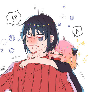 Rule 34 | !?, 1boy, 1girl, :d, ^ ^, ahoge, anya (spy x family), arms around neck, awarinko, black dress, black hair, blank eyes, blush, brown hair, closed eyes, dress, eighth note, expressive hair, gradient hair, hair between eyes, highres, hug, hug from behind, multicolored hair, musical note, open mouth, pink hair, red sweater, ribbed sweater, short sleeves, signature, simple background, smile, spoken interrobang, spoken musical note, spy x family, sweat, sweater, teeth, turn pale, turtleneck, turtleneck sweater, upper body, upper teeth only, white background, yuri briar