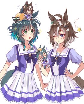 Rule 34 | 2girls, ahoge, animal ears, blush, bow, bowtie, brown hair, character doll, closed mouth, cowboy shot, doll, doll on head, ear ornament, green eyes, green hair, grey eyes, hair over one eye, hand on own hip, highres, holding, holding doll, horse ears, horse girl, horse tail, kiseki (umamusume), morizu929, multicolored hair, multiple girls, one eye closed, open mouth, pleated skirt, purple bow, purple bowtie, purple shirt, rulership (umamusume), sailor collar, school uniform, shirt, short hair, short sleeves, simple background, skirt, standing, star (symbol), streaked hair, summer uniform, tail, tracen school uniform, umamusume, umamusume horse relations, upper body, white background, white sailor collar, white skirt