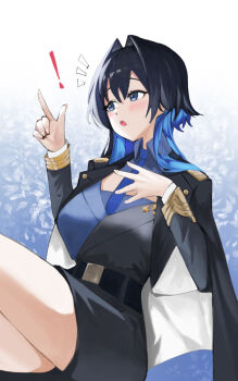 1girl alternate_costume asymmetrical_sleeves black_hair blue_eyes blue_hair blue_necktie blue_shirt blue_sleeves breasts chain chain_earrings clothing_cutout coat coat_on_shoulders collared_shirt colored_inner_hair detached_pants gloves hair_intakes highres hololive hololive_english ka_saa3 large_breasts long_hair looking_at_viewer mismatched_sleeves multicolored_hair necktie official_alternate_costume official_alternate_hairstyle open_mouth ouro_kronii ouro_kronii_(4th_costume) ribbon_bar shirt short_hair solo two-sided_coat two-sided_fabric virtual_youtuber wolf_cut