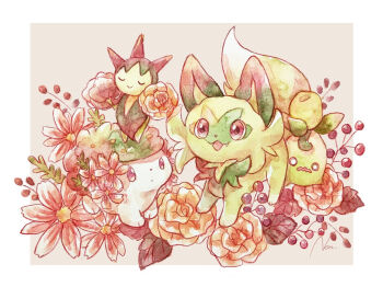 animal_focus berry border flower flower_request full_body gen_3_pokemon gen_4_pokemon legendary_pokemon mythical_pokemon nintendo no_humans non_(kumakawayusu) open_mouth orange_flower painting_(medium) pokemon pokemon_(creature) red_flower roselia_(pokemon) shaymin shaymin_(land) simple_background smoliv sprigatito traditional_media watercolor_(medium) wavy_mouth white_border