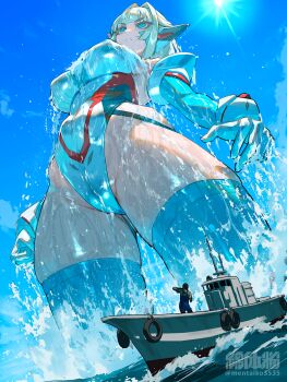 1boy 1girl artist_name blonde_hair blue_eyes blue_sky blue_thighhighs boat breasts cameltoe closed_mouth cloud commentary covered_erect_nipples day elbow_gloves exciel_cian from_below giant giantess gloves highleg highleg_leotard highres large_breasts leotard nikunopengin ocean original outdoors ship short_hair sky splashing standing sun thick_thighs thighhighs thighs water watercraft wet wet_clothes white_gloves