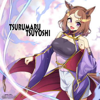 1girl animal_ears bare_shoulders breasts brown_hair brown_tail character_name cleavage commentary_request detached_sleeves ear_ornament gold_trim hand_up highres horse_ears horse_girl horse_tail japanese_clothes large_breasts looking_at_viewer multicolored_hair open_mouth purple_eyes short_hair short_shorts shorts signature smile solo standing streaked_hair tail thighs tsurumaru_tsuyoshi_(dream_bold_stand_tall_tsuyoshi!)_(umamusume) tsurumaru_tsuyoshi_(umamusume) umamusume umigarasu_(kitsune1963) white_hair white_shorts white_streaks wide_sleeves