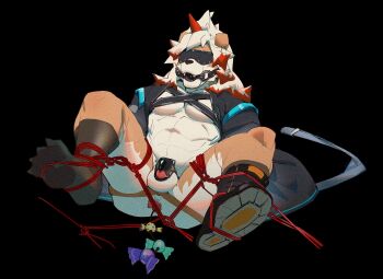 1boy abs anal_beads arknights ball_gag bara bdsm black_background black_boots black_coat blindfold bondage boots bound chastity_cage coat colored_tips fangs furry furry_male gag highres horns hung_(arknights) komainu_boy komainu_ears komainu_tail male_focus multicolored_hair muscular muscular_male open_mouth pectorals reykn sex_toy shibari single_horn testicles
