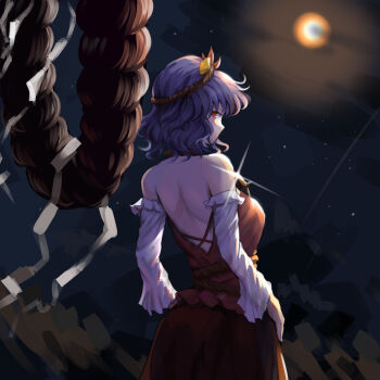 absurdres alternate_costume back detached_sleeves dress edz_drawz from_behind hair_ornament highres leaf_hair_ornament looking_back median_furrow onbashira red_dress red_eyes rope shimenawa shoulder_blades touhou yasaka_kanako