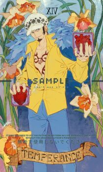 1boy black_hair cape chest_tattoo closed_mouth commentary denim earrings flower hand_tattoo hat heart highres jeans jewelry looking_at_viewer male_focus one_piece pants sample_watermark shirt short_hair sideburns siyangou49 smile solo tattoo trafalgar_law watermark yellow_shirt