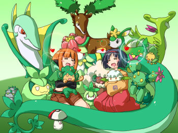 00s 10s 2girls belt black_hair blush blush_stickers cottonee deerling deerling_(summer) erika_(pokemon) ferroseed foongus gardenia_(pokemon) gen_5_pokemon green_theme gym_leader hairband japanese_clothes kimono legendary_pokemon lilligant maractus midriff multiple_girls navel nintendo orange_hair pansage petilil pokemon pokemon_(creature) pokemon_bw pokemon_frlg sawsbuck sawsbuck_(summer) serperior sewaddle shirogane_(cufsser) short_hair shorts smile swadloon virizion whimsicott