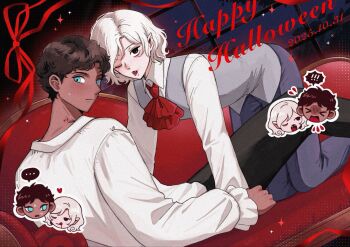 ! !! ... 2boys all_fours bags_under_eyes bite_mark black_eyes black_hair blood blood_on_face blue_eyes chibi chibi_inset couch curly_hair dark-skinned_male dark_skin dated dungeon_meshi elf fangs grey_hair halloween heart highres kabru long_sleeves male_focus mithrun multiple_boys notched_ear on_couch one_eye_closed open_mouth pants pointy_ears shirt short_hair sitting spoken_ellipsis sweatdrop vampire vest white_shirt yaoi ying45658704