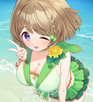 Rule 34 | 1girl, ;d, alternate breast size (larger), bikini, bikini skirt, blush, braid, breasts, brown hair, choker, cleavage, commentary request, corsage, eichisu, frilled choker, frilled skirt, frills, from above, green bikini, green choker, grey sailor collar, hair ornament, hairclip, koizumi hanayo, large breasts, leaning forward, love live!, love live! school idol festival, love live! school idol project, natsuiro egao de 1 2 jump!, ocean, official alternate costume, official alternate hairstyle, one eye closed, open mouth, orange choker, purple eyes, sailor bikini, sailor collar, short hair, side braid, skirt, smile, solo, swept bangs, swimsuit, v