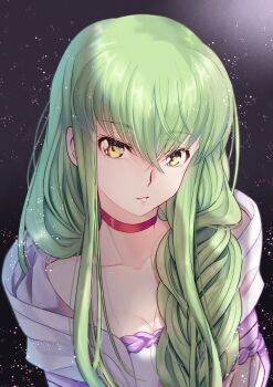 1girl absurdres braid braided_ponytail breasts budgiepon c.c. choker cleavage code_geass collarbone cosplay green_hair hair_between_eyes hair_over_shoulder highres kumo_desu_ga_nani_ka? long_hair looking_at_viewer medium_breasts parted_lips ponytail red_choker shiraori shiraori_(cosplay) solo upper_body very_long_hair yellow_eyes