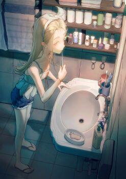 1girl absurdres bar_soap bathroom blonde_hair blue_shorts bow_hairband brushing_teeth camisole colored_eyelashes commentary_request crane666 cup denim denim_shorts earrings faucet flipped_hair from_above gakuen_idolmaster hair_pulled_back hairband highres holding holding_toothbrush idolmaster indoors jewelry looking_at_viewer looking_to_the_side messy_hair mug orange_eyes sandals shinosawa_hiro short_shorts shorts sink soap_bottle solo stud_earrings tile_floor tile_wall tiles toothbrush toothbrush_in_mouth toothpaste towel towel_rack white_camisole