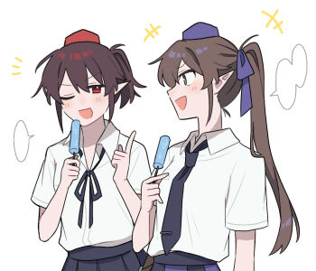 Rule 34 | +++, 2girls, alternate hairstyle, black ribbon, black skirt, blank speech bubble, blush, brown eyes, brown hair, collared shirt, commentary request, food, hat, himekaidou hatate, holding, holding food, holding popsicle, long hair, multiple girls, neck ribbon, one eye closed, open mouth, pleated skirt, pointy ears, ponytail, popsicle, purple hat, red eyes, red hat, ribbon, sakic43899, shameimaru aya, shirt, short ponytail, skirt, smile, speech bubble, tokin hat, touhou, white shirt