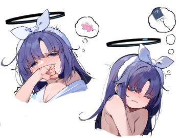 1girl blue_archive blue_eyes blue_halo blush breasts chinese_commentary commentary_request covering_own_mouth cropped_torso egg_vibrator halo implied_sex long_hair mechanical_halo medium_breasts multiple_views nude official_alternate_costume open_mouth painterliuhao purple_eyes purple_hair sex_toy simple_background single_bare_shoulder speech_bubble thought_bubble vibrator white_background yuuka_(blue_archive) yuuka_(pajamas)_(blue_archive)